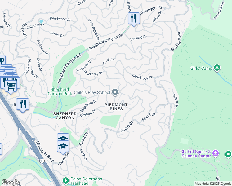 map of restaurants, bars, coffee shops, grocery stores, and more near 6171 Chelton Drive in Oakland