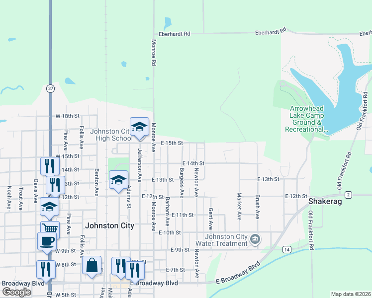 map of restaurants, bars, coffee shops, grocery stores, and more near 1406 Burgess Avenue in Johnston City