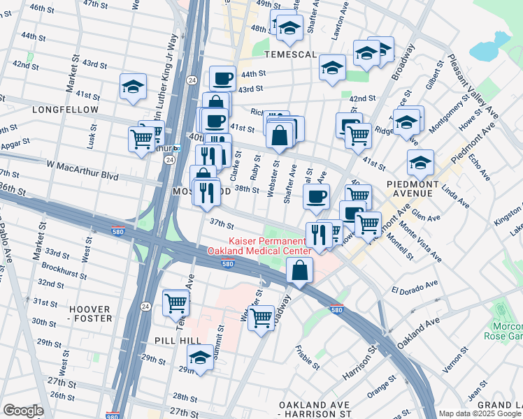 map of restaurants, bars, coffee shops, grocery stores, and more near 422 West MacArthur Boulevard in Oakland