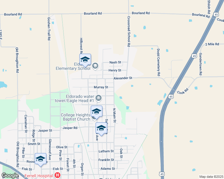 map of restaurants, bars, coffee shops, grocery stores, and more near 2601-2699 North Main Street in Eldorado