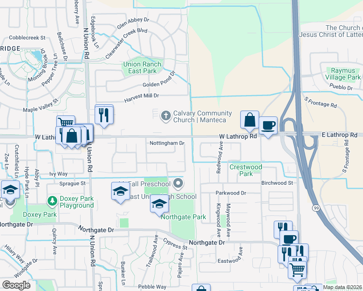 map of restaurants, bars, coffee shops, grocery stores, and more near 742 Nottingham Drive in Manteca
