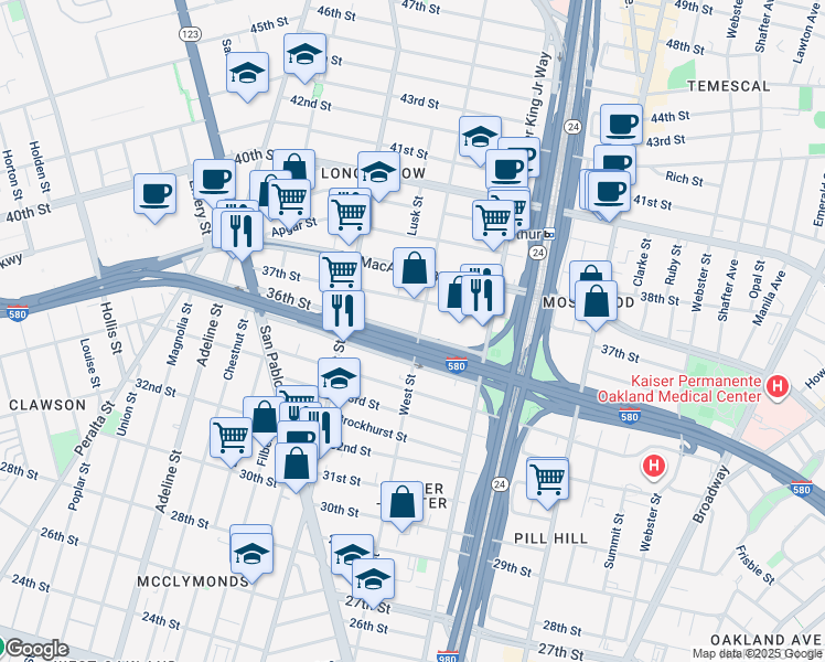 map of restaurants, bars, coffee shops, grocery stores, and more near 3601 West Street in Oakland
