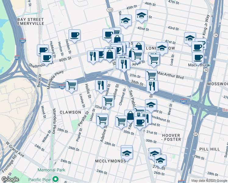 map of restaurants, bars, coffee shops, grocery stores, and more near 3411 Adeline Street in Oakland