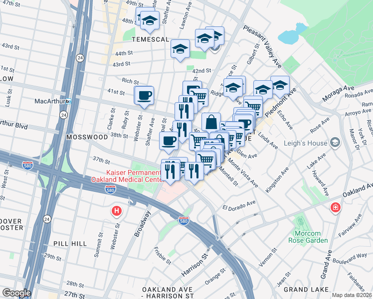 map of restaurants, bars, coffee shops, grocery stores, and more near 280 West MacArthur Boulevard in Oakland
