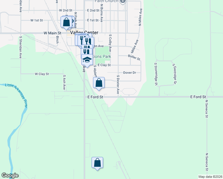 map of restaurants, bars, coffee shops, grocery stores, and more near 805 South Abilene Avenue in Valley Center