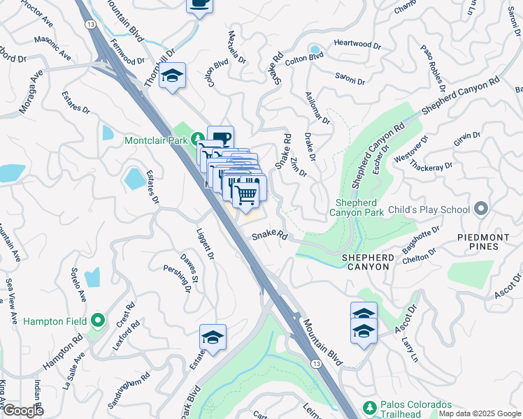 map of restaurants, bars, coffee shops, grocery stores, and more near 6267 Merced Avenue in Oakland