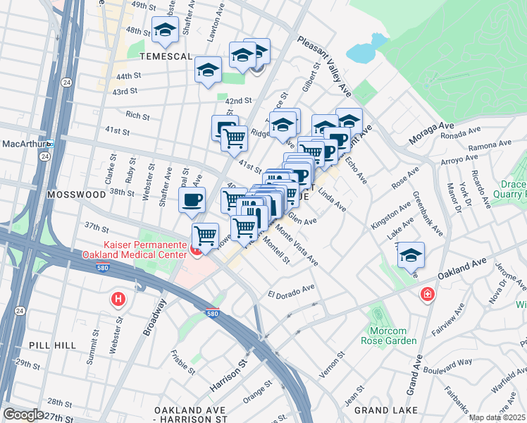 map of restaurants, bars, coffee shops, grocery stores, and more near 3868 Howe Street in Oakland