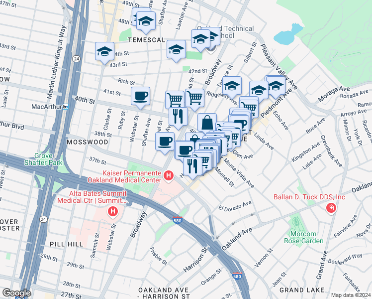 map of restaurants, bars, coffee shops, grocery stores, and more near 3801 Howe Street in Oakland