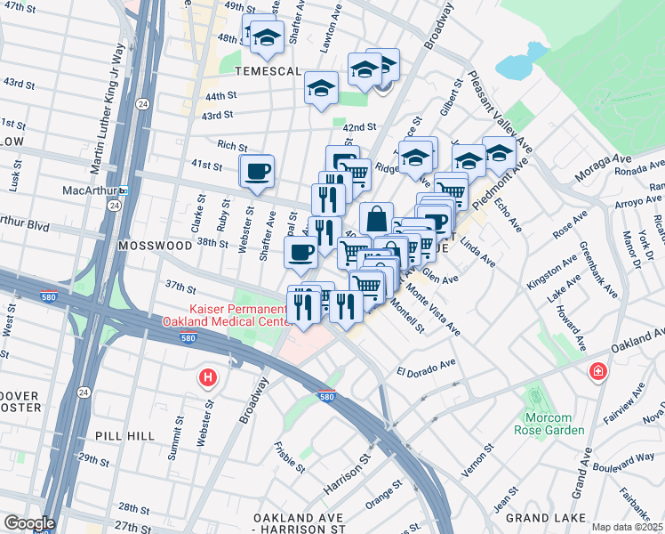 map of restaurants, bars, coffee shops, grocery stores, and more near 280 West MacArthur Boulevard in Oakland