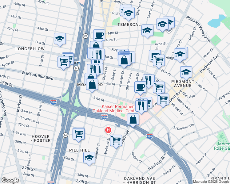 map of restaurants, bars, coffee shops, grocery stores, and more near 422 West MacArthur Boulevard in Oakland