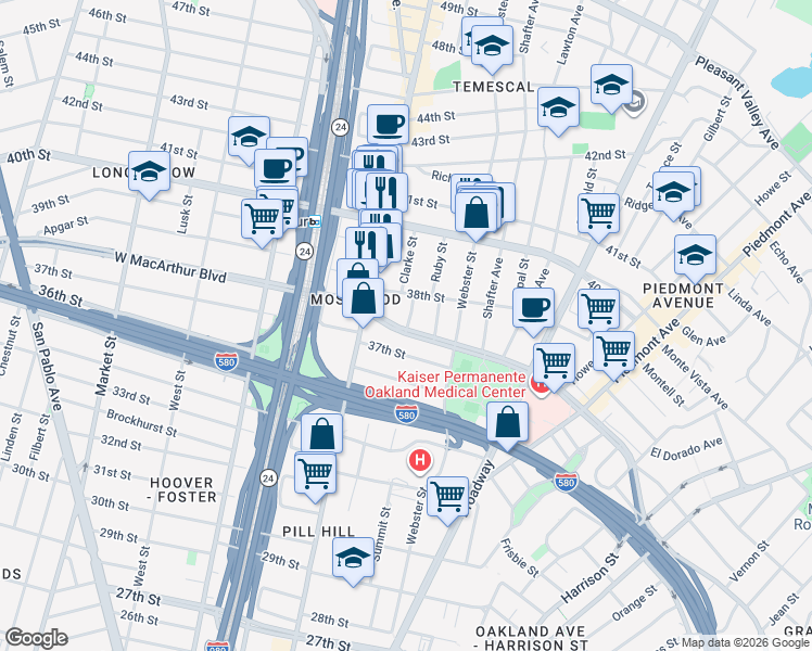 map of restaurants, bars, coffee shops, grocery stores, and more near 449 West MacArthur Boulevard in Oakland
