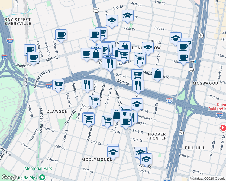 map of restaurants, bars, coffee shops, grocery stores, and more near in Oakland