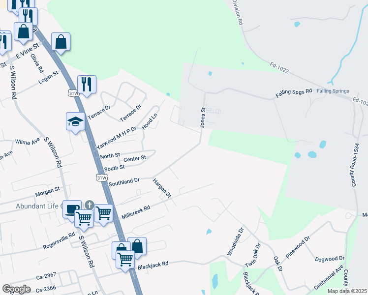 map of restaurants, bars, coffee shops, grocery stores, and more near 621-1399 Southland Drive in Radcliff