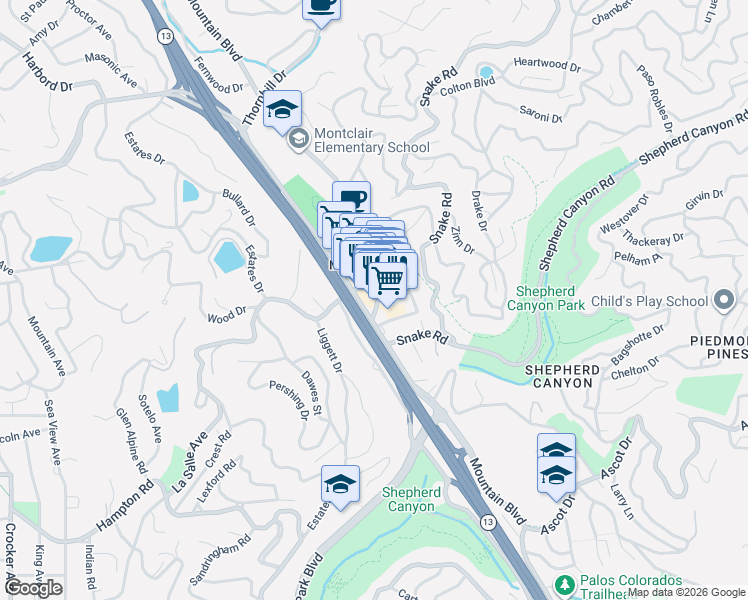 map of restaurants, bars, coffee shops, grocery stores, and more near 2081 Mountain Boulevard in Oakland