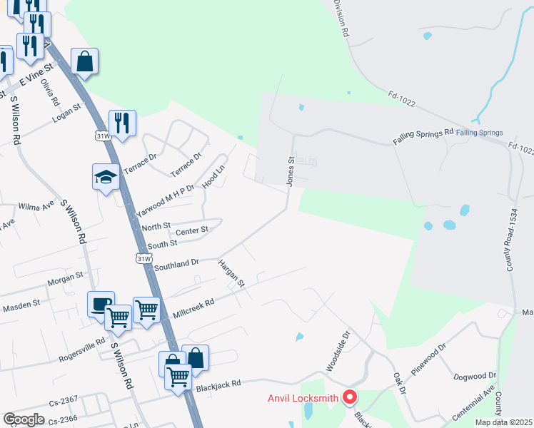 map of restaurants, bars, coffee shops, grocery stores, and more near 621-1399 Southland Drive in Radcliff