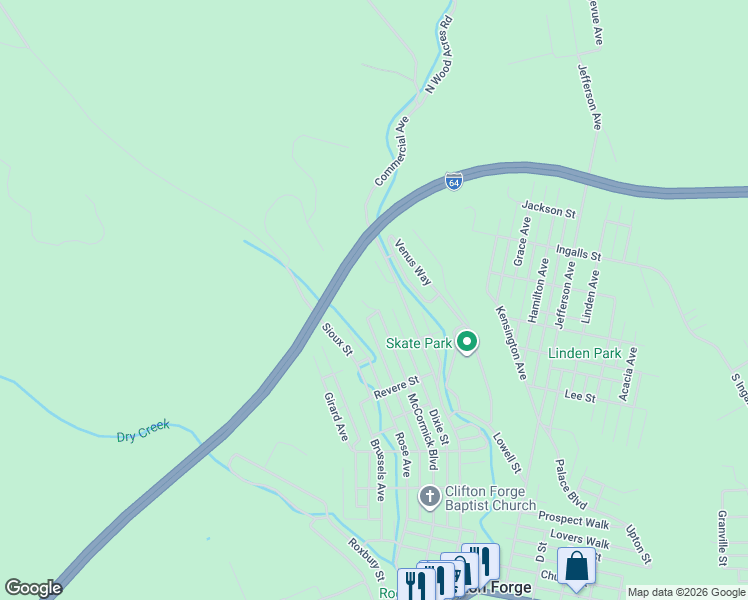 map of restaurants, bars, coffee shops, grocery stores, and more near 1100 McCormick Boulevard in Clifton Forge