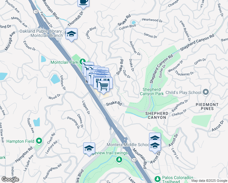 map of restaurants, bars, coffee shops, grocery stores, and more near 6267 Merced Avenue in Oakland