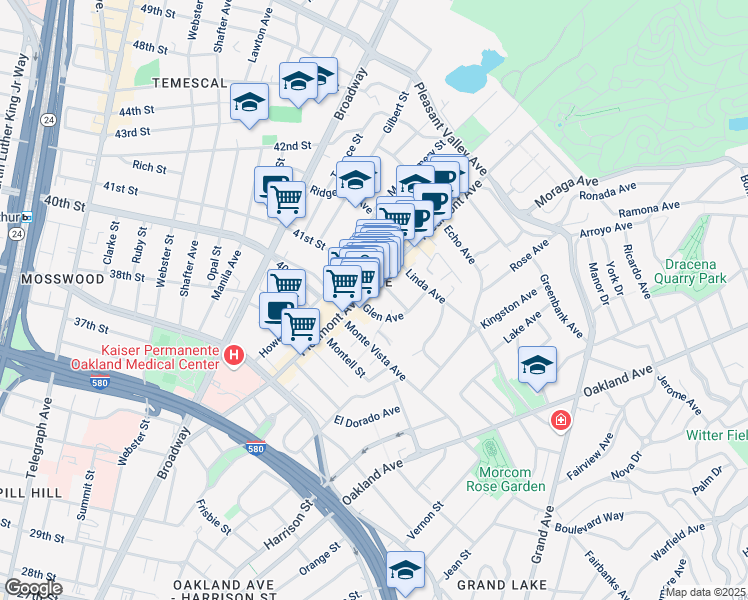 map of restaurants, bars, coffee shops, grocery stores, and more near in Oakland
