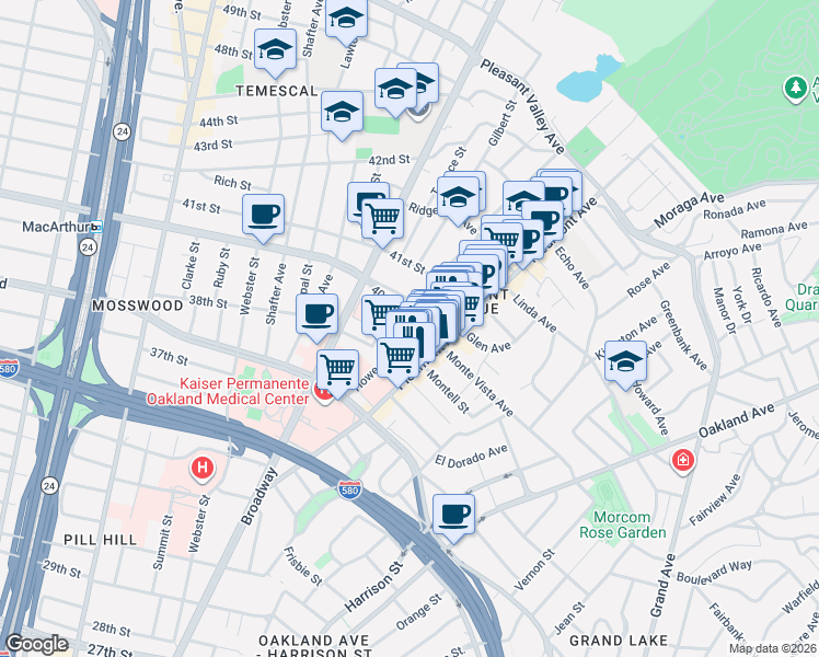 map of restaurants, bars, coffee shops, grocery stores, and more near 3868 Howe Street in Oakland