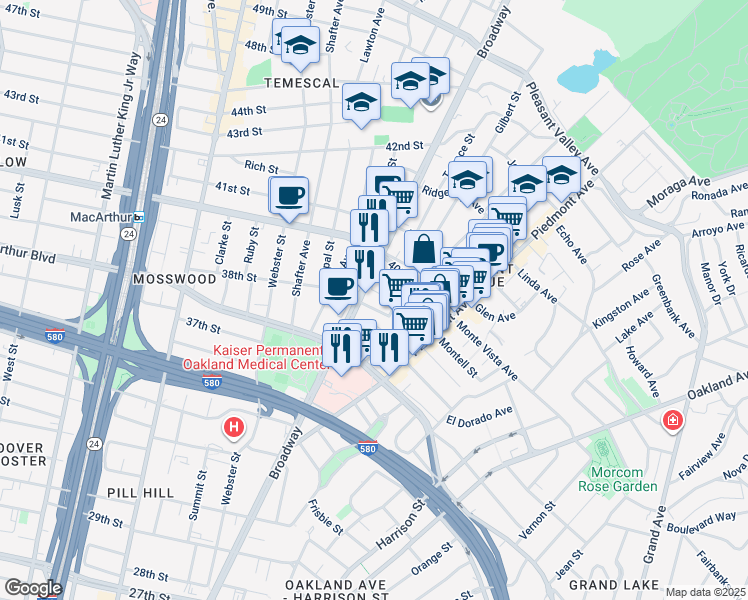map of restaurants, bars, coffee shops, grocery stores, and more near 280 West MacArthur Boulevard in Oakland