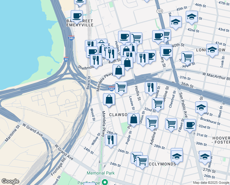 map of restaurants, bars, coffee shops, grocery stores, and more near 1550 34th Street in Oakland