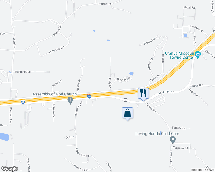 map of restaurants, bars, coffee shops, grocery stores, and more near 22975 Hardy Lane in Saint Robert