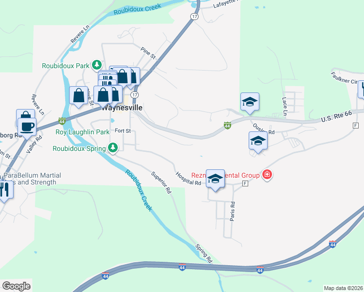 map of restaurants, bars, coffee shops, grocery stores, and more near 709 Hillside Road in Waynesville