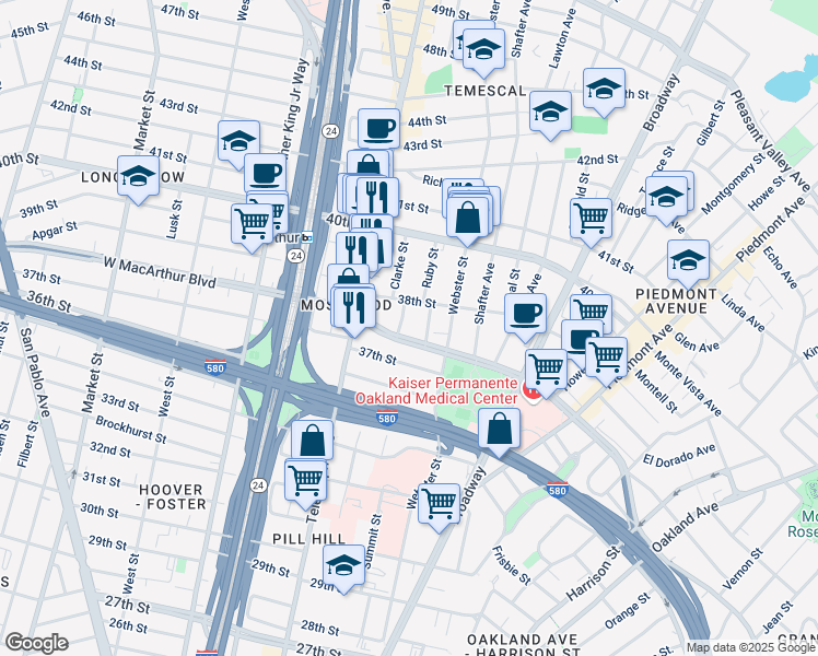 map of restaurants, bars, coffee shops, grocery stores, and more near 449 West MacArthur Boulevard in Oakland