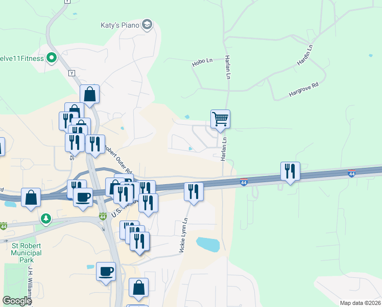 map of restaurants, bars, coffee shops, grocery stores, and more near 16124 Heavens Gate Lane in Saint Robert