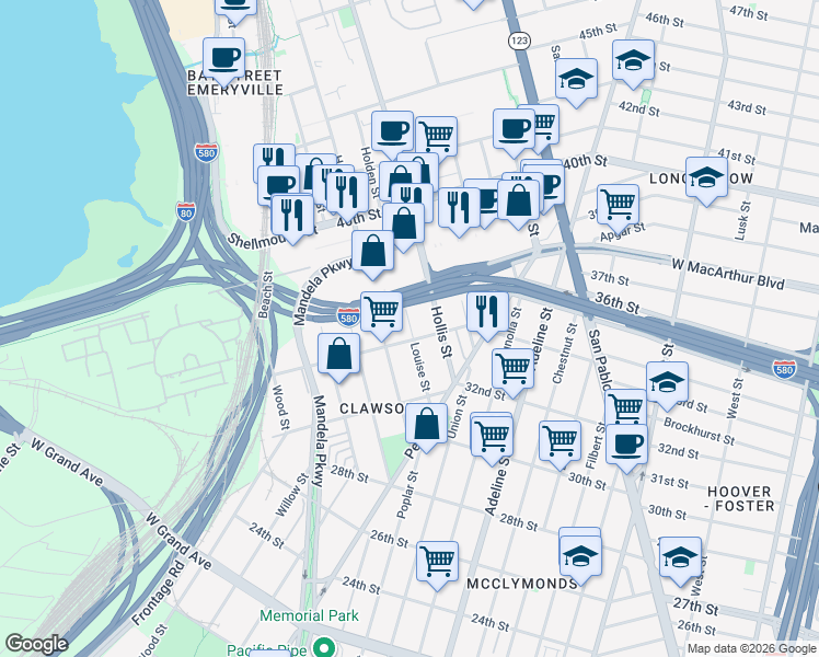 map of restaurants, bars, coffee shops, grocery stores, and more near 1489 34th Street in Oakland