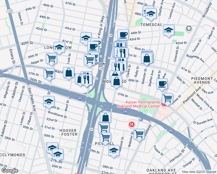 map of restaurants, bars, coffee shops, grocery stores, and more near 548 37th Street in Oakland