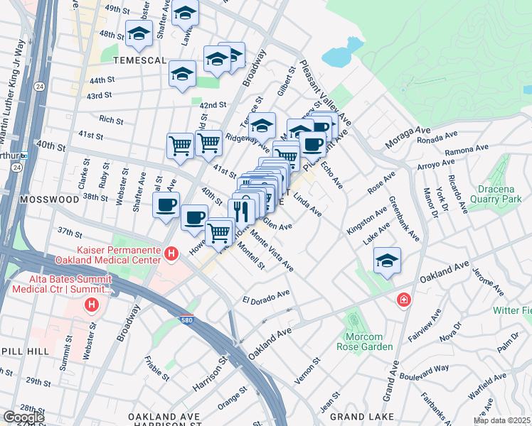 map of restaurants, bars, coffee shops, grocery stores, and more near 4038 Piedmont Avenue in Oakland