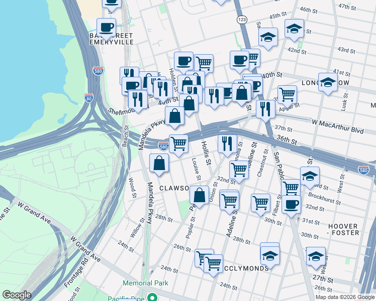 map of restaurants, bars, coffee shops, grocery stores, and more near 3425 Louise Street in Oakland