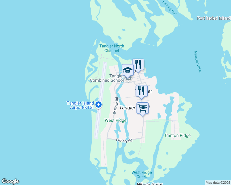 map of restaurants, bars, coffee shops, grocery stores, and more near 16448 West Ridge Road in Tangier