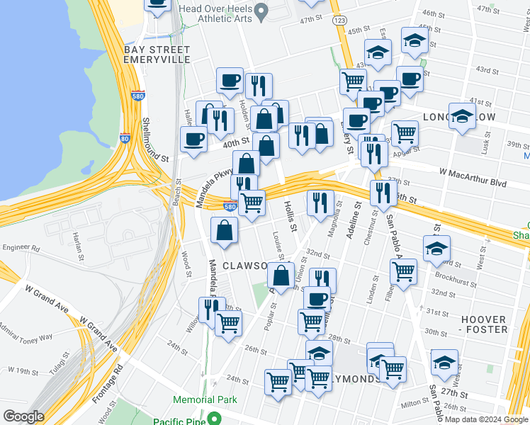map of restaurants, bars, coffee shops, grocery stores, and more near 3423 Louise Street in Oakland