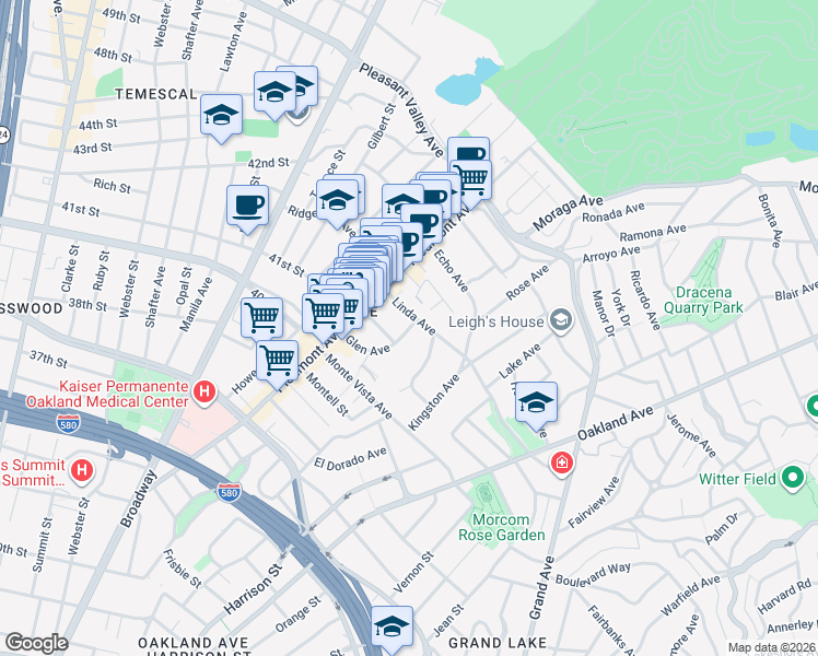 map of restaurants, bars, coffee shops, grocery stores, and more near 81 Glen Avenue in Oakland