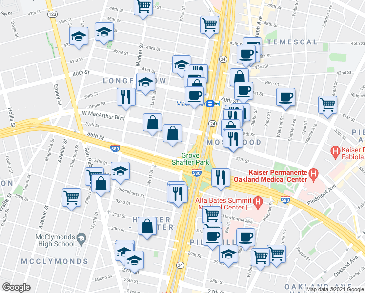 map of restaurants, bars, coffee shops, grocery stores, and more near 3623 Martin Luther King Junior Way in Oakland