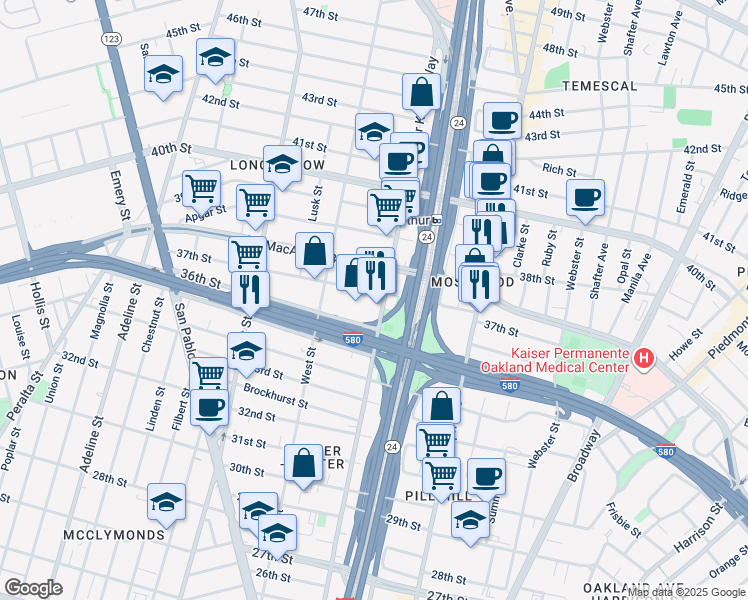 map of restaurants, bars, coffee shops, grocery stores, and more near 3623 Martin Luther King Junior Way in Oakland