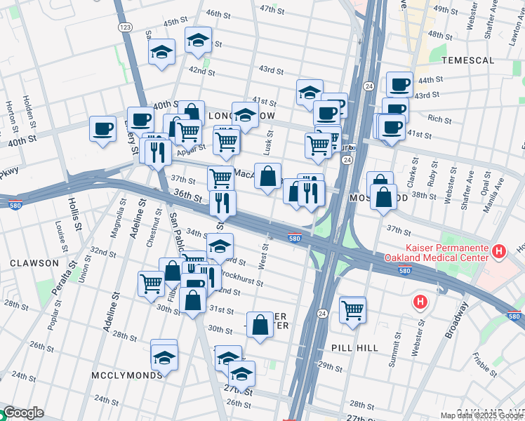 map of restaurants, bars, coffee shops, grocery stores, and more near 3539 West Street in Oakland