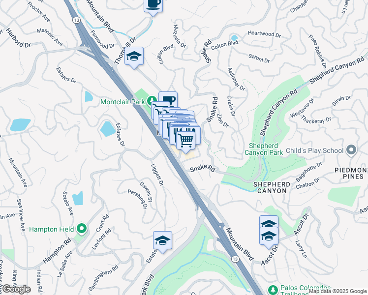 map of restaurants, bars, coffee shops, grocery stores, and more near in Oakland