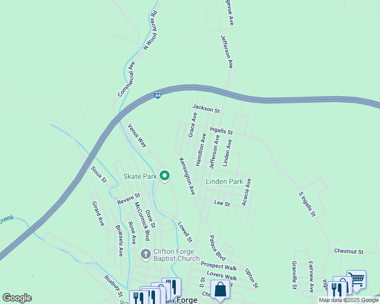 map of restaurants, bars, coffee shops, grocery stores, and more near 1130 Grace Avenue in Clifton Forge
