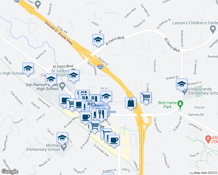 map of restaurants, bars, coffee shops, grocery stores, and more near 366A Ilo Lane in Danville
