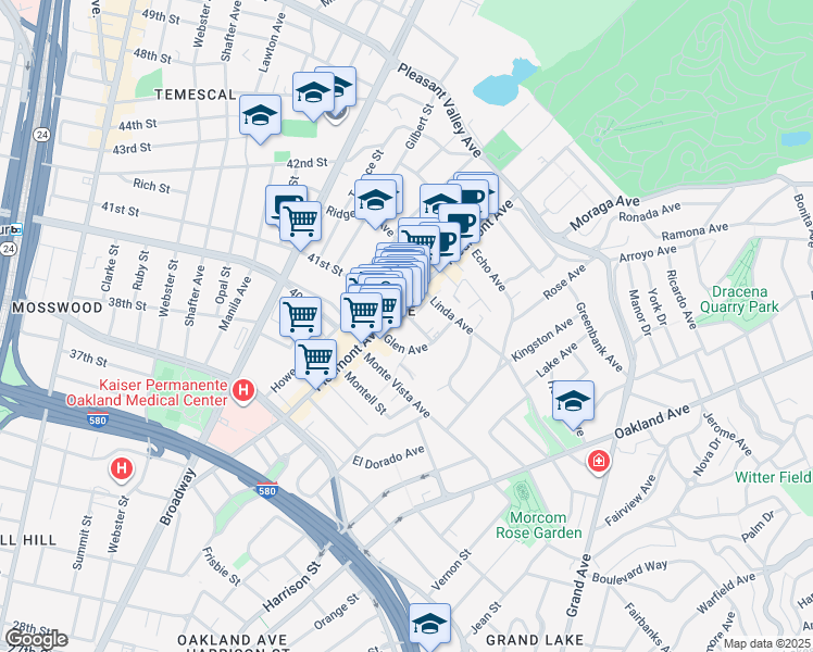 map of restaurants, bars, coffee shops, grocery stores, and more near in Oakland