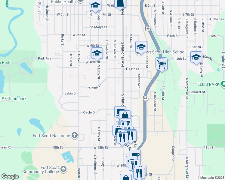 map of restaurants, bars, coffee shops, grocery stores, and more near 1312 South Judson Street in Fort Scott