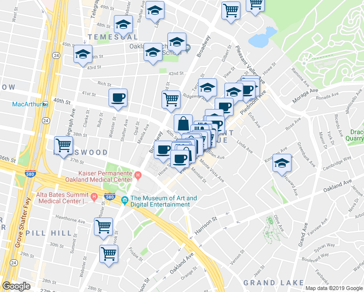 map of restaurants, bars, coffee shops, grocery stores, and more near 3877 Howe Street in Oakland