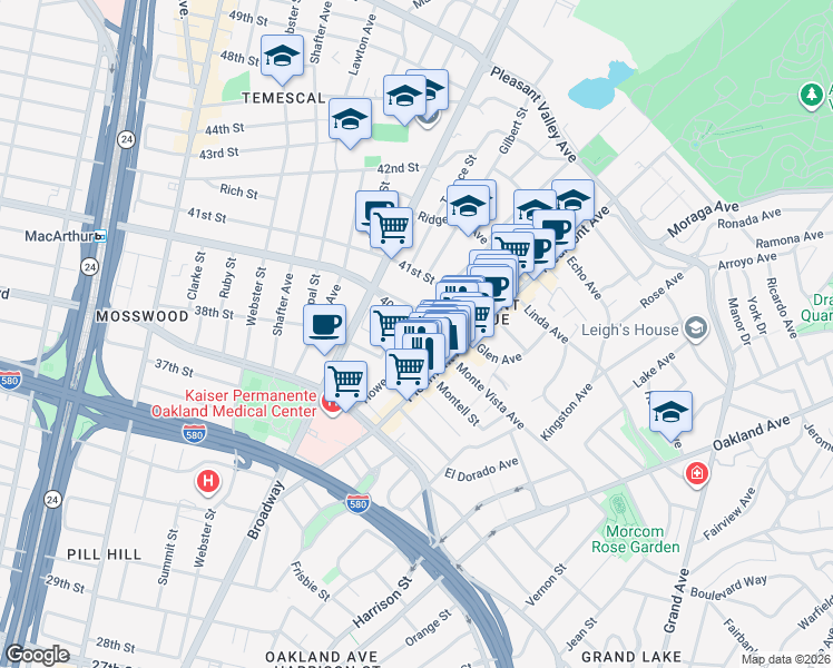 map of restaurants, bars, coffee shops, grocery stores, and more near 3868 Howe Street in Oakland