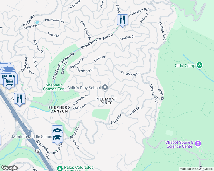 map of restaurants, bars, coffee shops, grocery stores, and more near 2 Chelsea Court in Oakland