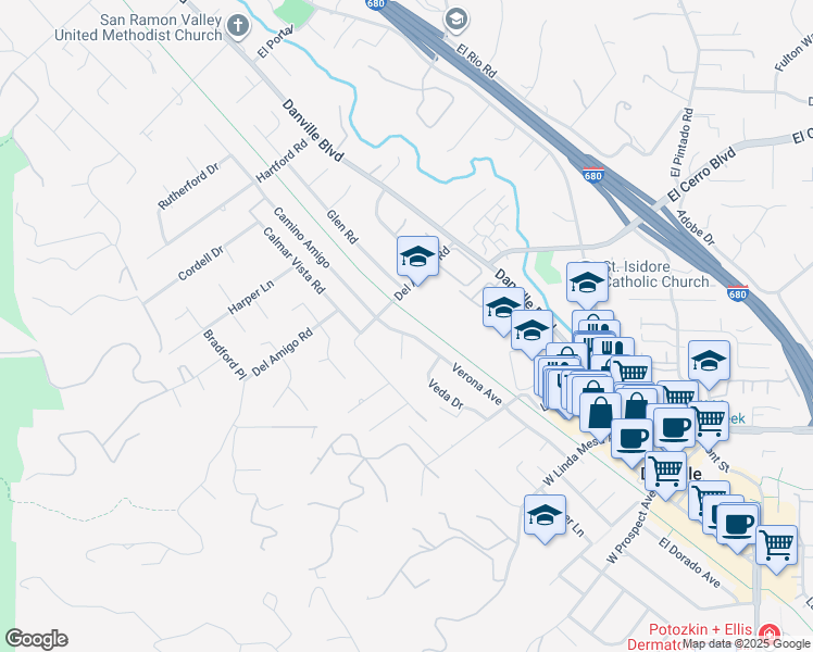 map of restaurants, bars, coffee shops, grocery stores, and more near 544 Verona Avenue in Danville