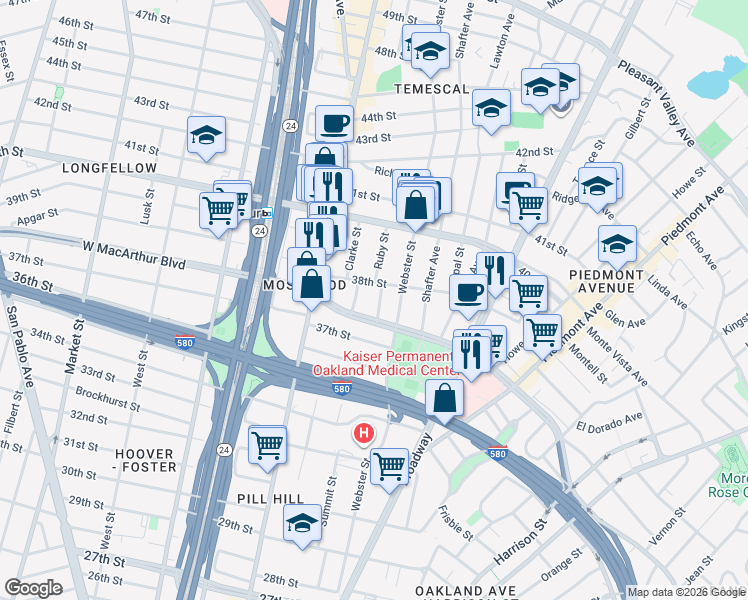 map of restaurants, bars, coffee shops, grocery stores, and more near 422 West MacArthur Boulevard in Oakland