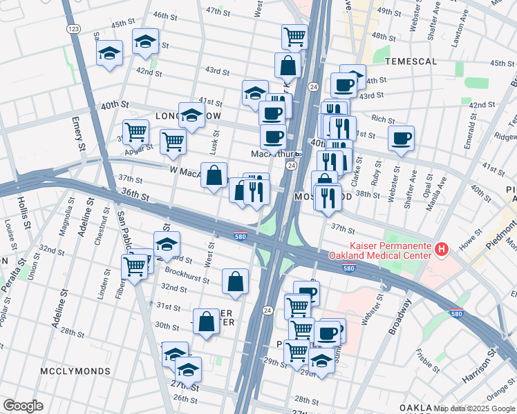 map of restaurants, bars, coffee shops, grocery stores, and more near 3623 Martin Luther King Junior Way in Oakland